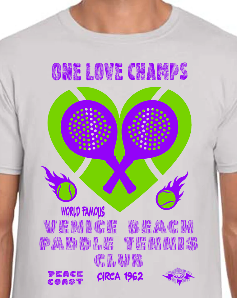 Venice Beach Paddle Tennis Club. One Love Champs T-shirt