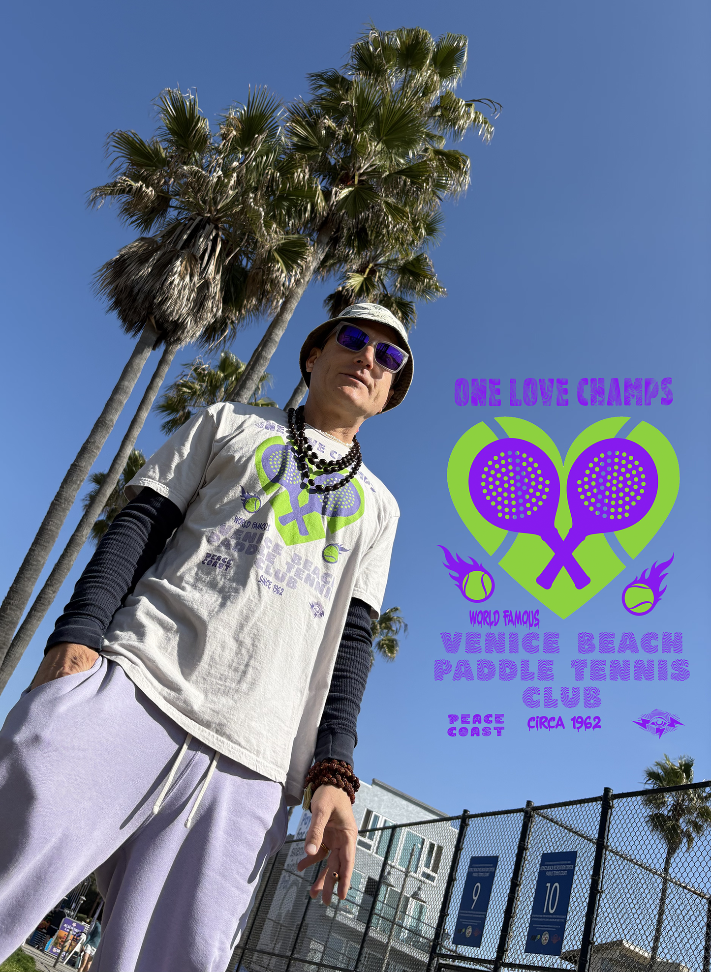 Venice Beach Paddle Tennis Club. One Love Champs T-shirt